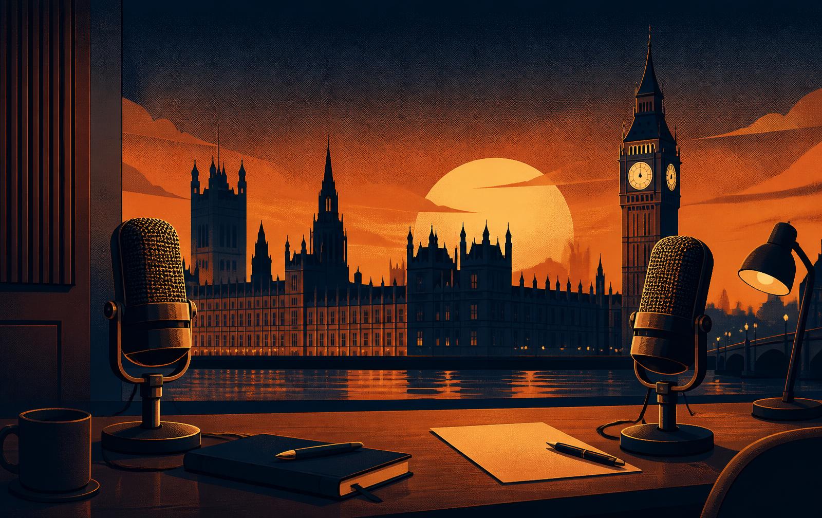 Illustrated podcast studio desk with two vintage microphones overlooking the Houses of Parliament at sunset